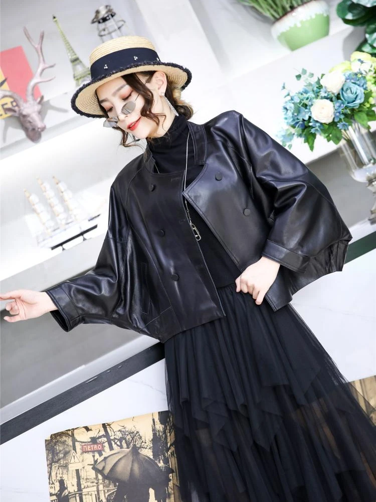 Women's Batwing Sleeve Sheepskin Outerwear, Short Version, Loose Fashion Jacket, Spring and Autumn Coat, Red Tops