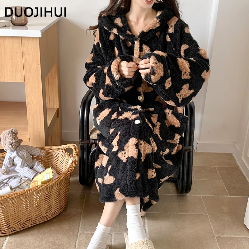 DUOJIHUI Contrast Color Hooded Cute Thick Warm Robes for Women Chic Print Pocket Loose Simple Casual Fashion Flannel Female Robe