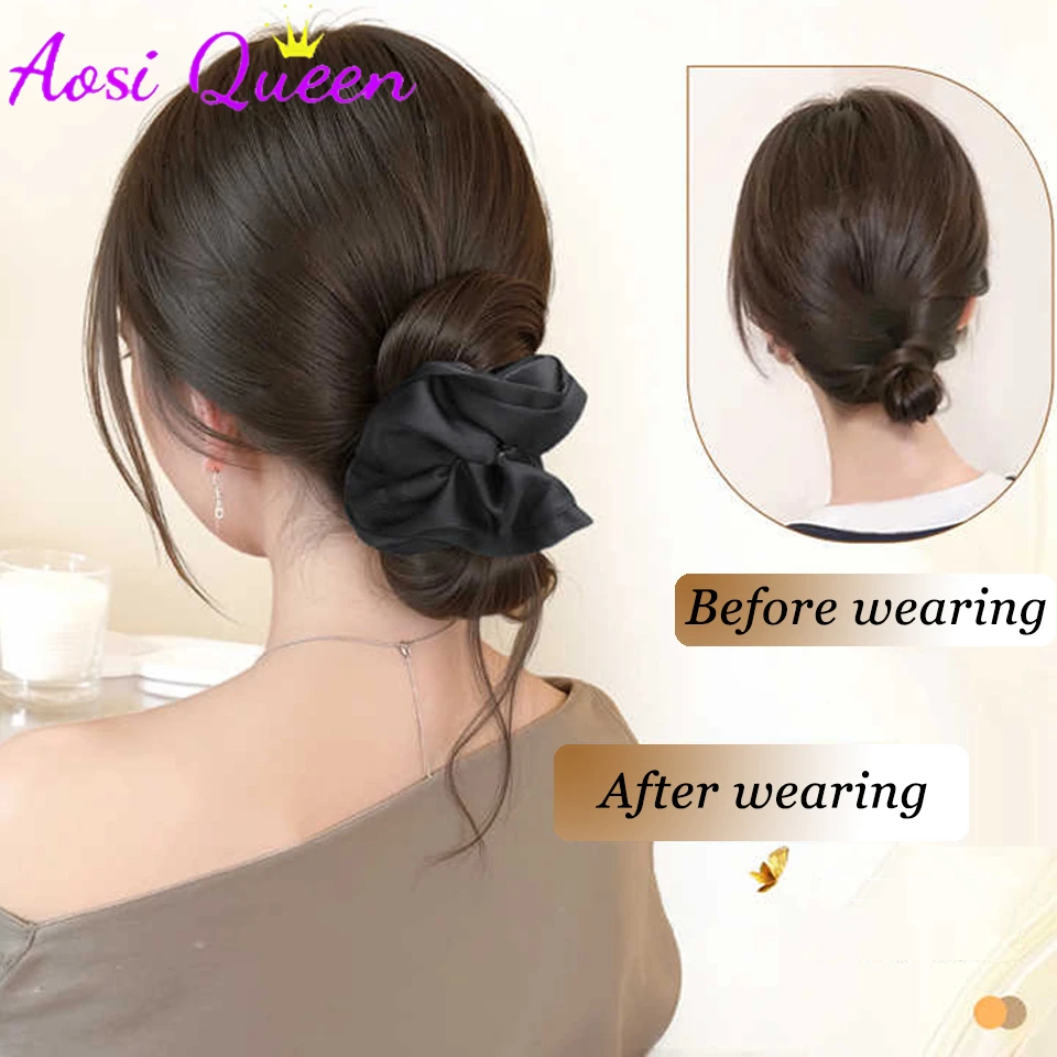 AOSIQUEEN 합성 새틴 헤어 타이 클로 클립 포니테일 헤어 익스텐션 푹신한 곱슬머리 여성용 데일리 헤어
