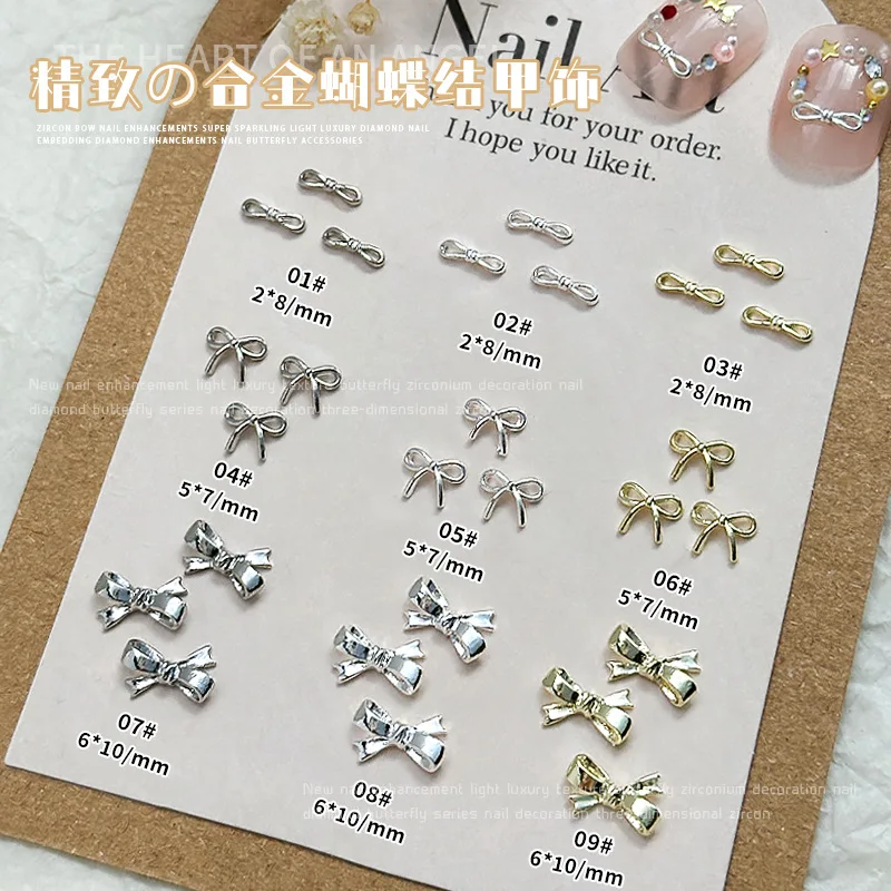 

10pcs/lot New Gold and Silver Small Tie Versatile Christmas Nail Diamond Accessories Alloy Bow Nail Decoration