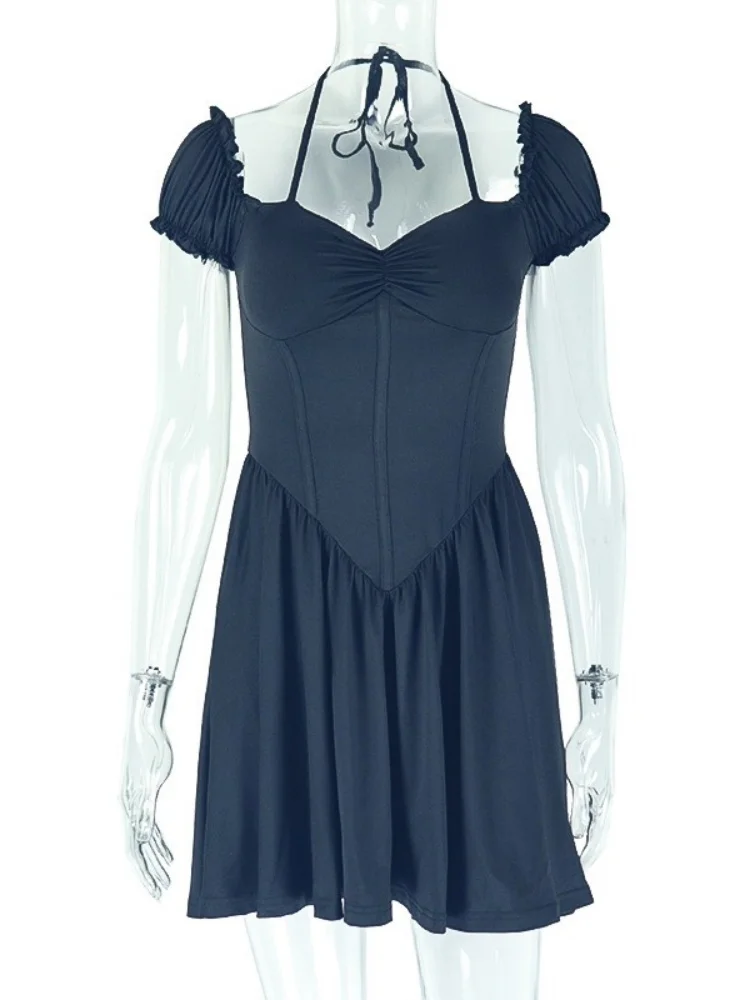 Wmstar Dresses for Women Wholesale Elegant Solid Color Lace Up Pleated Halter Waist V-neck Short Dress Sexy Party Mini Dress