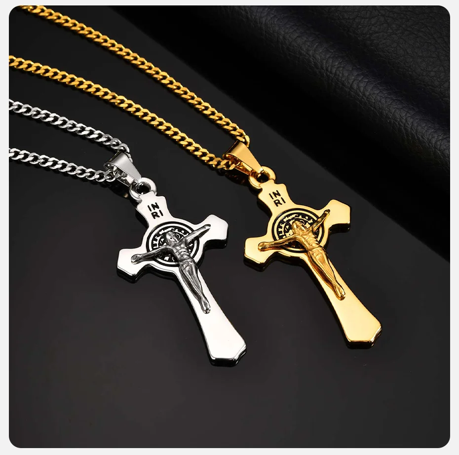 Vnox Edelstahl-Kreuz-Halskette des Heiligen Benedikt, 28 x 53,5 mm Jesus-Kruzifix-Anhänger-Gliederkette, katholisches religiöses Geschenk für Männer – Detail 6