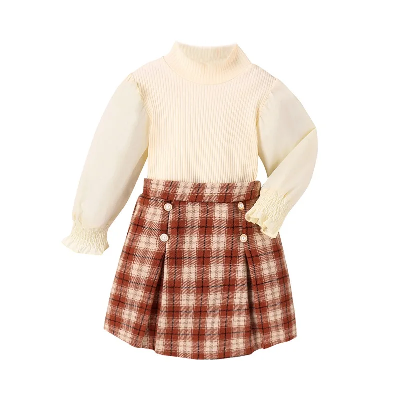

Txlixc Baby Girls Spring Fall Outfits Kids Long Sleeve Ribbed Tops and Plaid Pleated Skirt Sets Children Fashion Retro Clothes