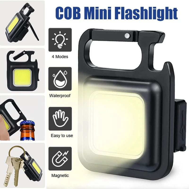 미니 LED 작업 조명 휴대용 포켓 손전등, USB 충전식 키 라이트 랜턴, 야외 하이킹 캠핑 COB 랜턴