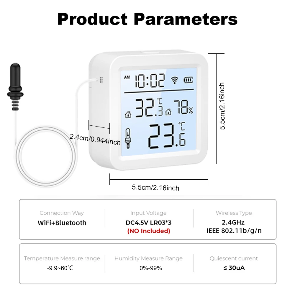 Smart WiFi Temperature & Humidity Sensor with External Probe and Optional Display