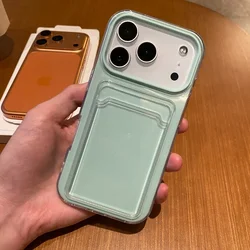 Transparent Phone Case with Card Slot and Photo Pocket - Shockproof Protector Cover - iPhone 15 Plus (Cyan)