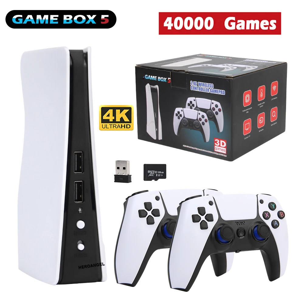 

GB5-P5 Video Game Console 2.4G Double Wireless Controller 4K HD 64/128G Built-in 30000/40000 Retro Games for PS1/GBA/FC/DM/N64