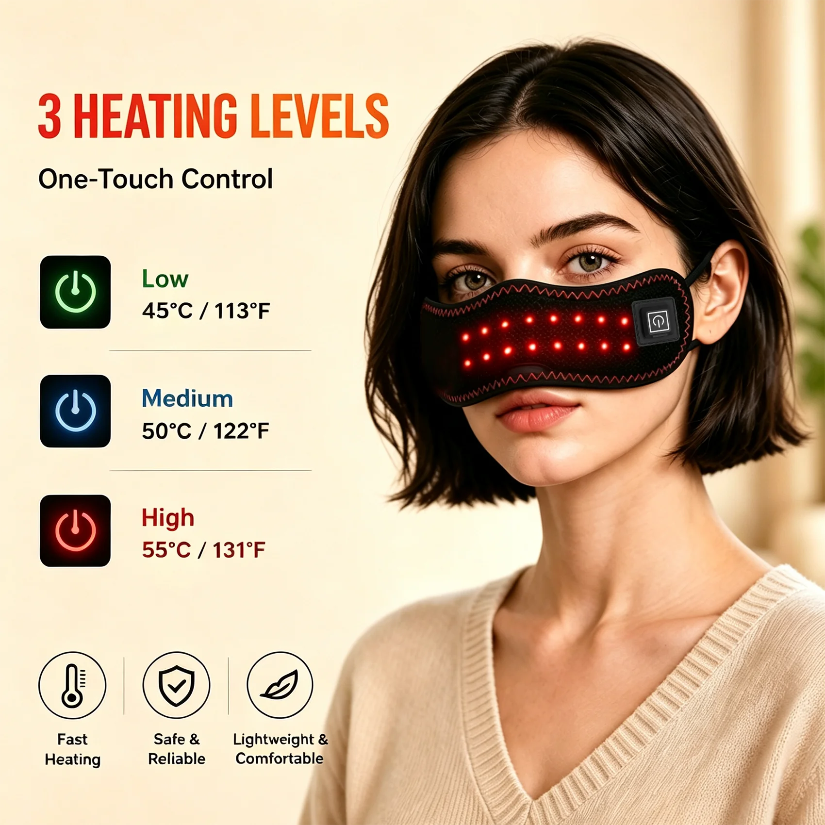 Heated Nose Wrap Red Light Nose Warmer Rechargeable 3 Heat Levels Adjustable Ear Loops Soft Plush Lining Portable Heating Mask