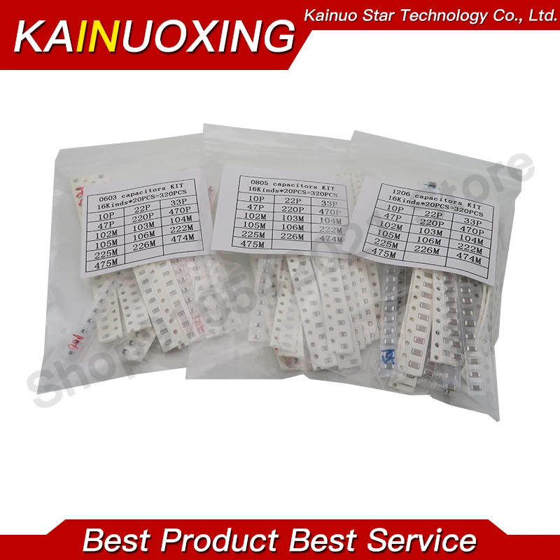 SMD Capacitor Kit Assorted 0603 0805 1206 16/36/50Values 1PF ~ 1UF 320PCS 720PCS 2500PCS/Set