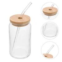 1pc Glass Cups with Bamboo Lids and Straw 350ml/550ml Mason Jars Coffee Mug Beer Can Shaped for Cocktail Whiskey Milk Juice Cola 3