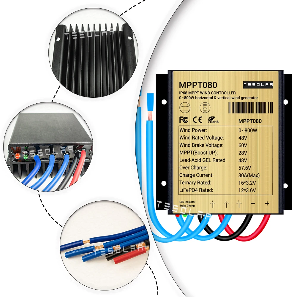 Contrôleur De Charge MPPT étanche IP67 Pour éolienne - 12V/24V/48V Auto - Puissance 10000W Max - Noir - 2