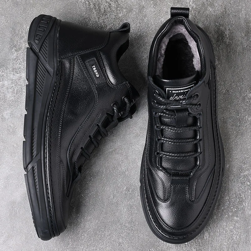 

Genuine Leather Casual Shoes Men's Winter Warm Sports Shoes Leather Wool Plush High Top Leather Shoes