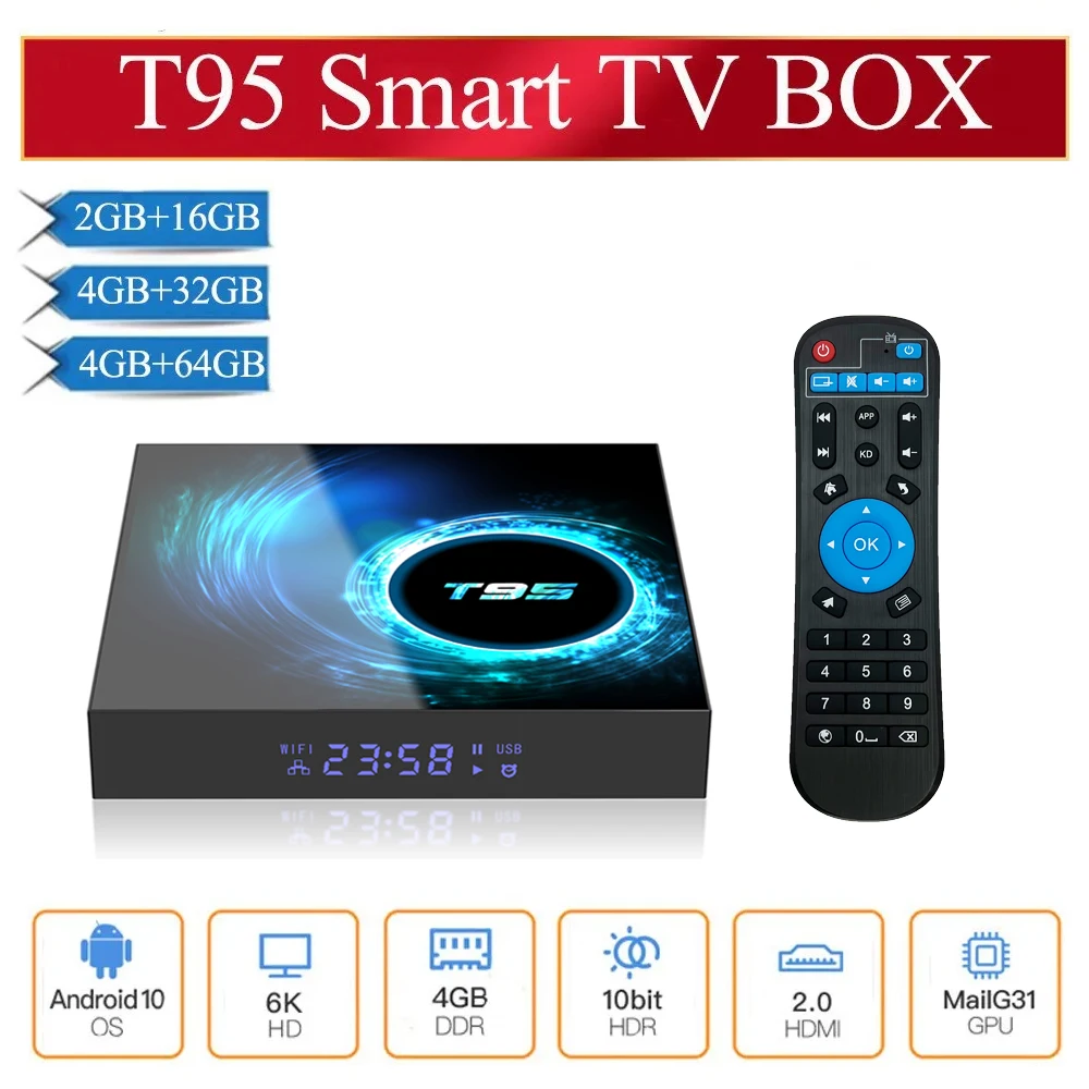 

T95 Android Smart Tv Box Android 10 Allwinner H616 2GB 4GB RAM 16GB 32GB 64GB ROM BT Wifi6 2.4G/5.8G Wifi Quad Core Set Top Box