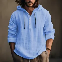 2025 nouveaux hommes blouse décontractée coton lin chemise hauts amples à manches longues t-shirt printemps automne décontracté hommes chemises à capuche 6