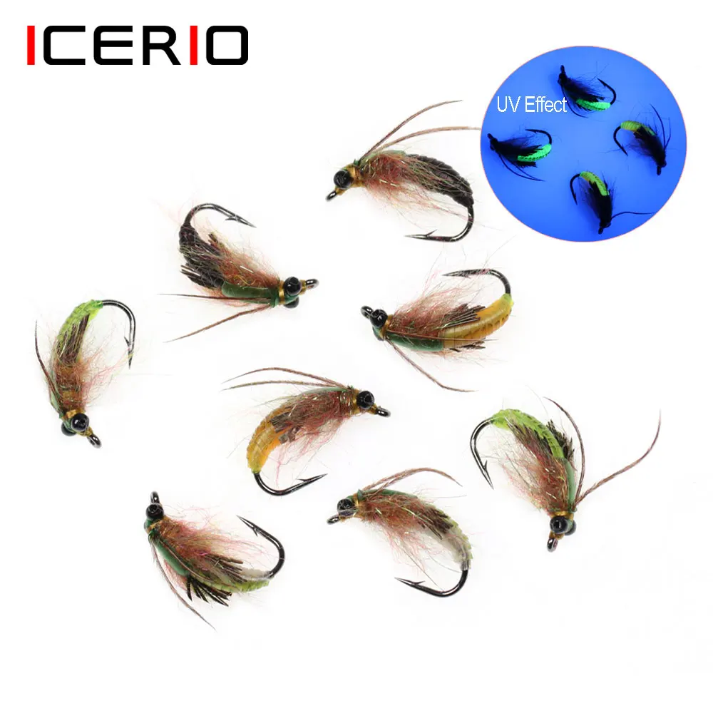 ICERIO 6PCS 8PCS UV Chain Bead Head Scud Shrimps Bug Worm Nymphs Flies  Trout Bass Perch Bluegill Fishing Fly Lures Bait 8# 10#