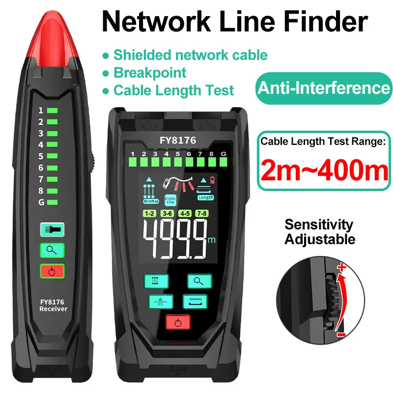 

FY8176 Network Cable Tester Lan Wire Tracker Sensitivity Adjustable Fault Distance Location&Cable Length Test RJ45 Network Test