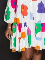 Plus Size 2023 Autumn New Floral Printed Women's Dresses,Casual Loose Button Fashion Streetwear Polyester V-Neck Pleated Dresses - Image 4