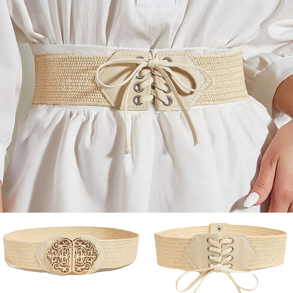 

Fashion Coat Dress Decorated Elastic Braided Belts For Women PP Grass Lace Up Waistband Metal Buckle Waist Belt Raffia Korean