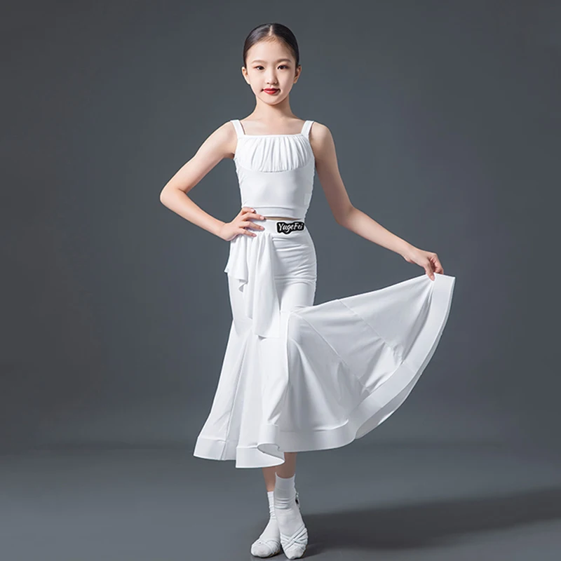 

Kids Ballroom Dance Costume Girls Summer White Dress Set Waltz Dance Clothing Latin Ballroom Dance Competition Dress DNV18186