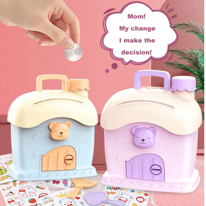 Kids Piggy Bank Cartoon DIY Stickers Piggy Bank Storage Box Small House key Kawaii Large Capacity Cute Holiday Gifts for Kids money saving box,piggy bank