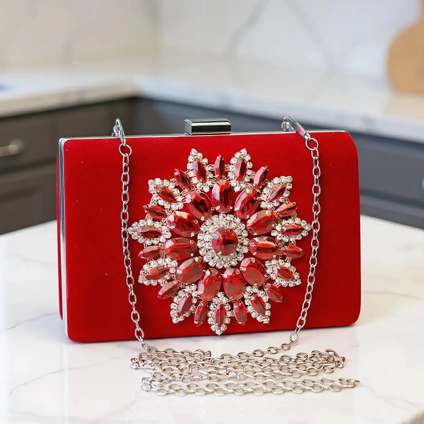 Crystal Flower Evening Clutch Bag for Women with Rhinestones