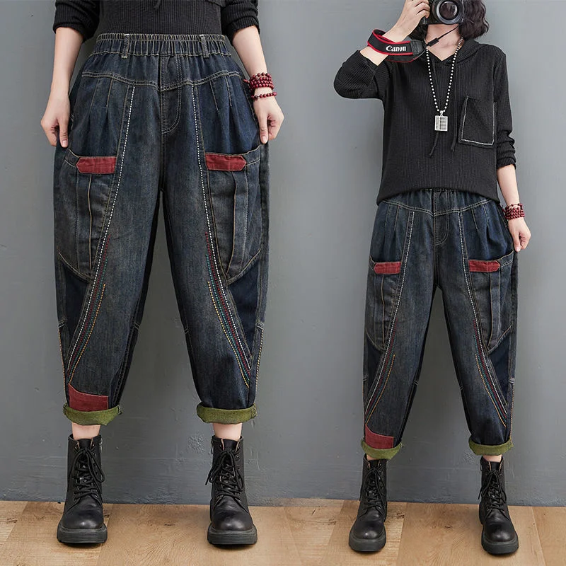 Women Vintage High Waist Denim Pants 2024 Autumn Baggy Jeans Ladies Casual Retro Cowboy Harajuku Y2K Cropped Harem Trousers