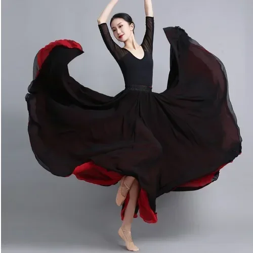 Women Flamenco Dresses Flamenco Chiffon Dance Skirt for Women 720 Degrees Solid Color Long Skirts Dancer Practice Wear Chinese Style Skirt LU64