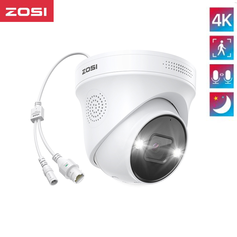 ZOSI C225 5MP 8MP POE IP Camera with AI Face Vehicle Detect Starlight Outdoor 2-Way Audio Color Night Vision Street Surveillance