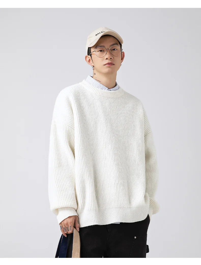 Heavyweight Thick Needle Pit Stripe Texture Sweater Solid Loose Round Neck Knit Jersey Coat man clothes 5