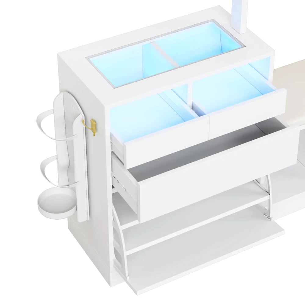 PINGGO 6-in-1 Eingangsbereich-Garderobenset mit LED-Beleuchtung Frisiertisch Schuhbank Klappschrank Glasvitrine Schminktisch – Detail 27
