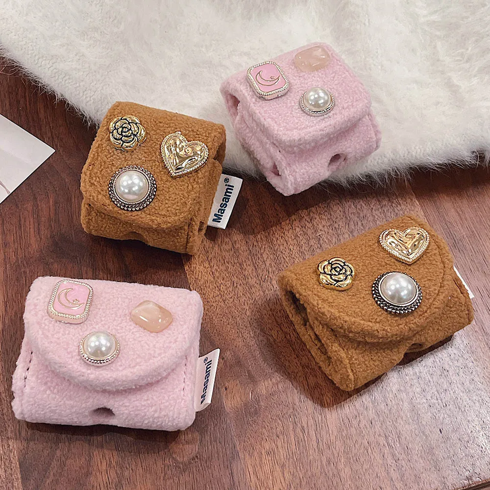 Retro 3D Pearl Flowers Love Heart Peluche Flip Cover Custodia Per Auricolari Per Apple Airpods Pro 2 Air Pods 1 3 Cuffie In Pelliccia Calda Funda