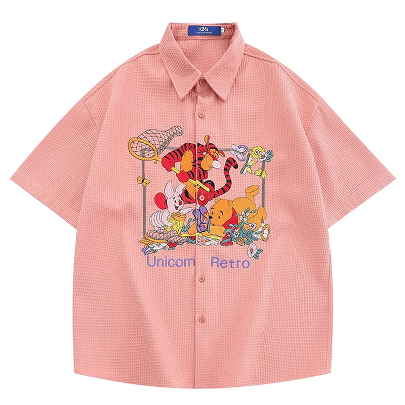 

Men Shirt Summer Vintage Fun Cartoon Embroidery Short Sleeve Button Up Shirts Hip Hop Harajuku Casual Loose Shirt Green Tops Tee