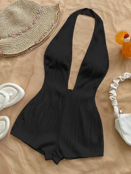 Vacation Halter Neck One-Piece Swimsuit for Women, Black Deep V, Sexy Style, Perfect for Beach Photos 1