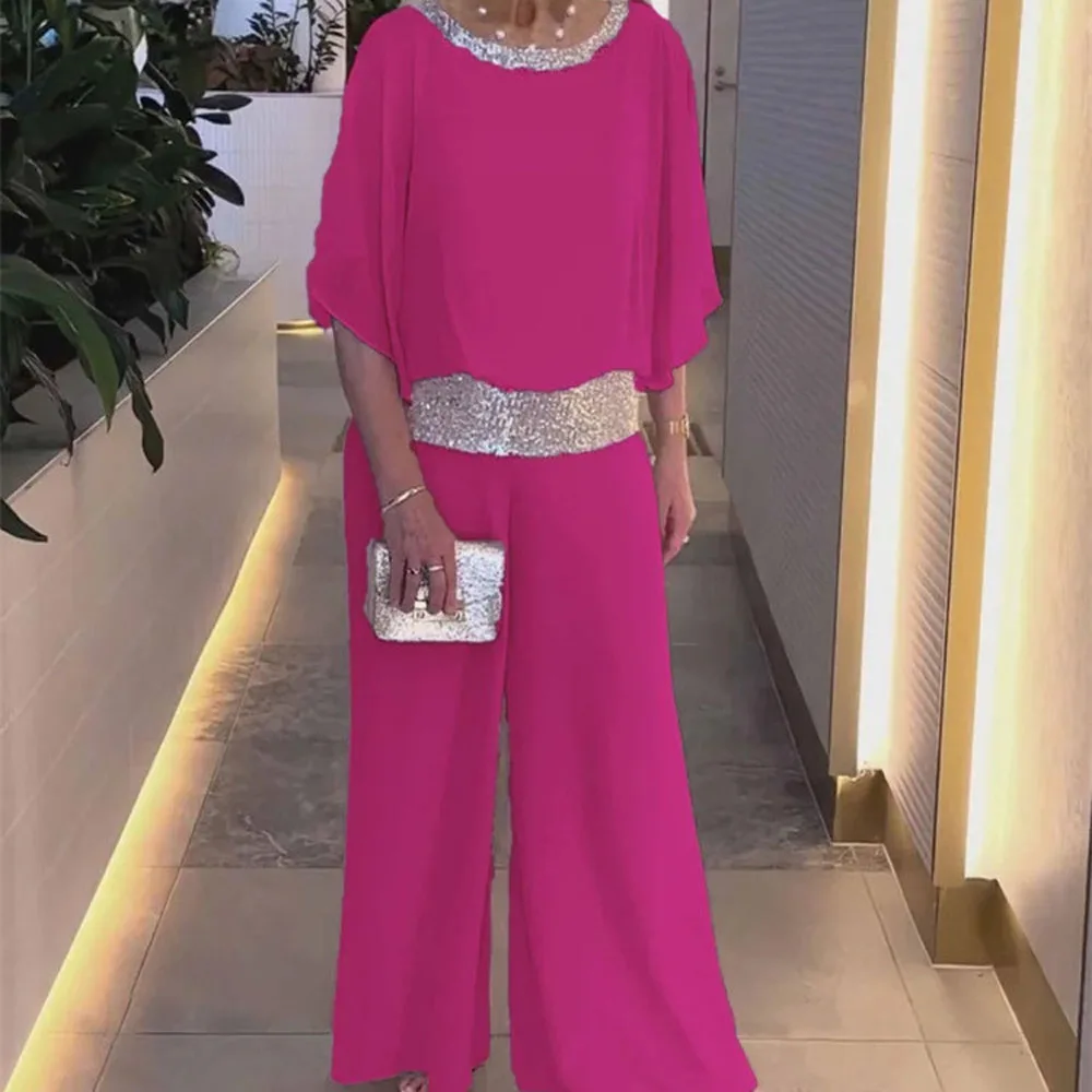 Pink Sequined Loose Blouse and Wide Leg Trousers Set for Women