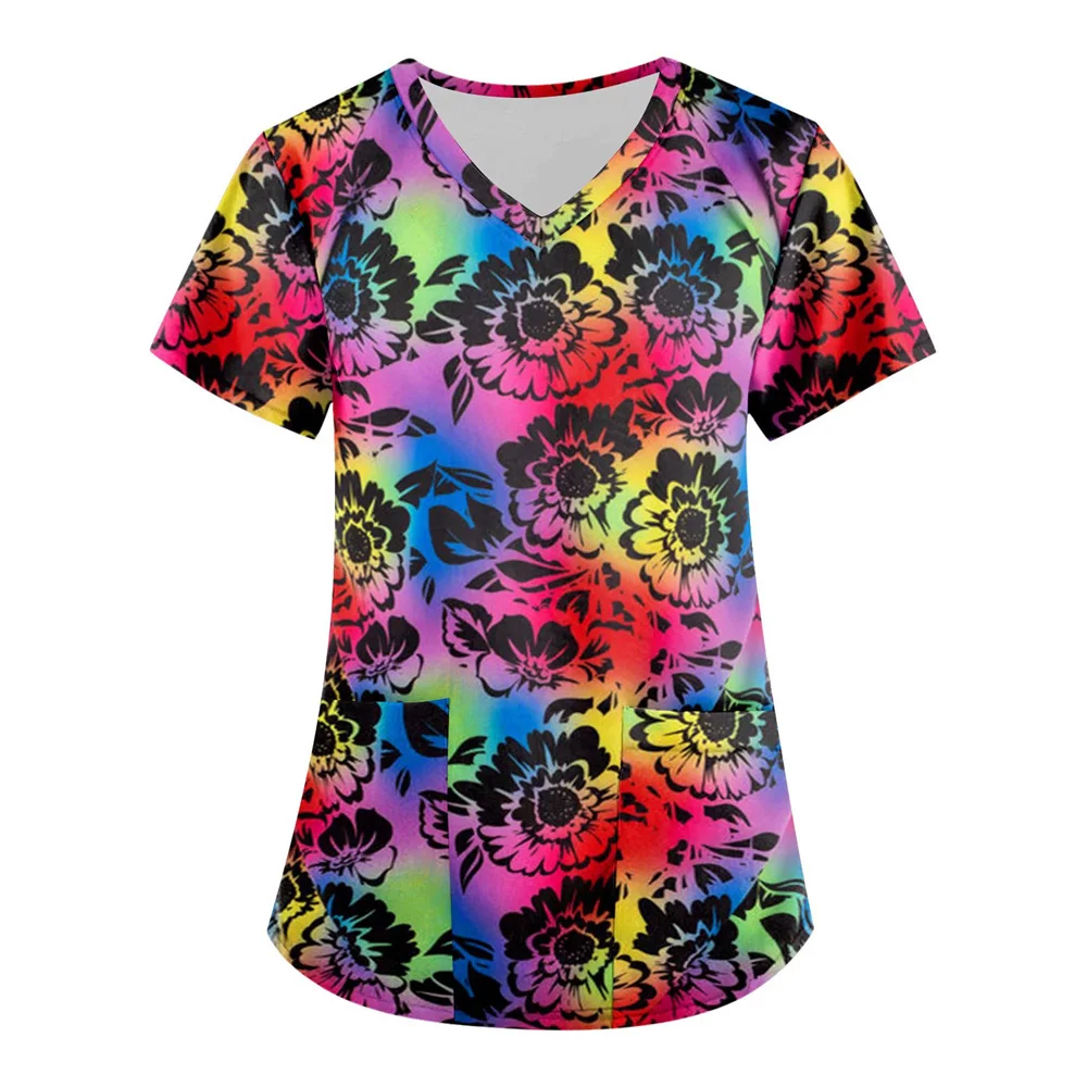 Women\'s T-Shirt Slim Floral Print Top V-Neck Female Veterinary Nurse Uniform Short-Sleeved Double Pocket Stretch V Neck Scrub