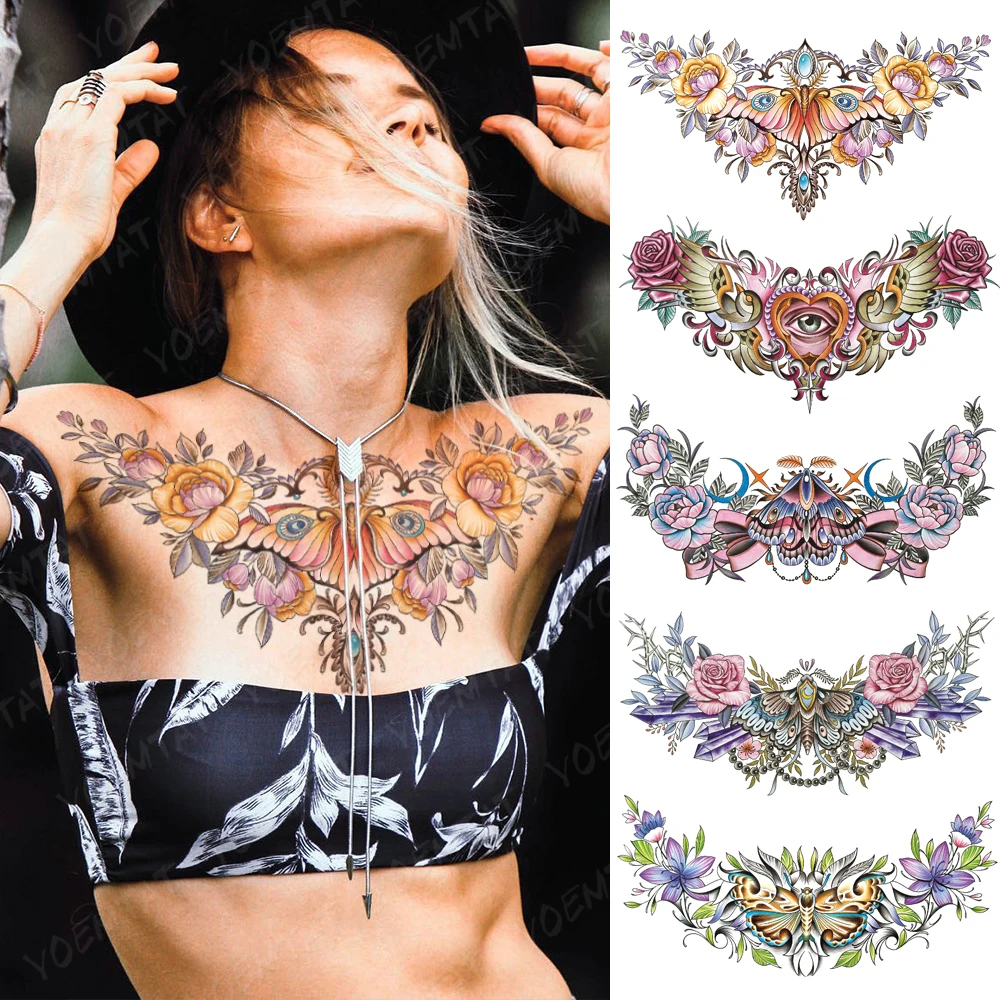 

Colorful Henna Butterfly Large Chest Tattoo For Women Flower Waterproof Temporary Tatoo Sticker Waist Art Designs Men Fake Tatto