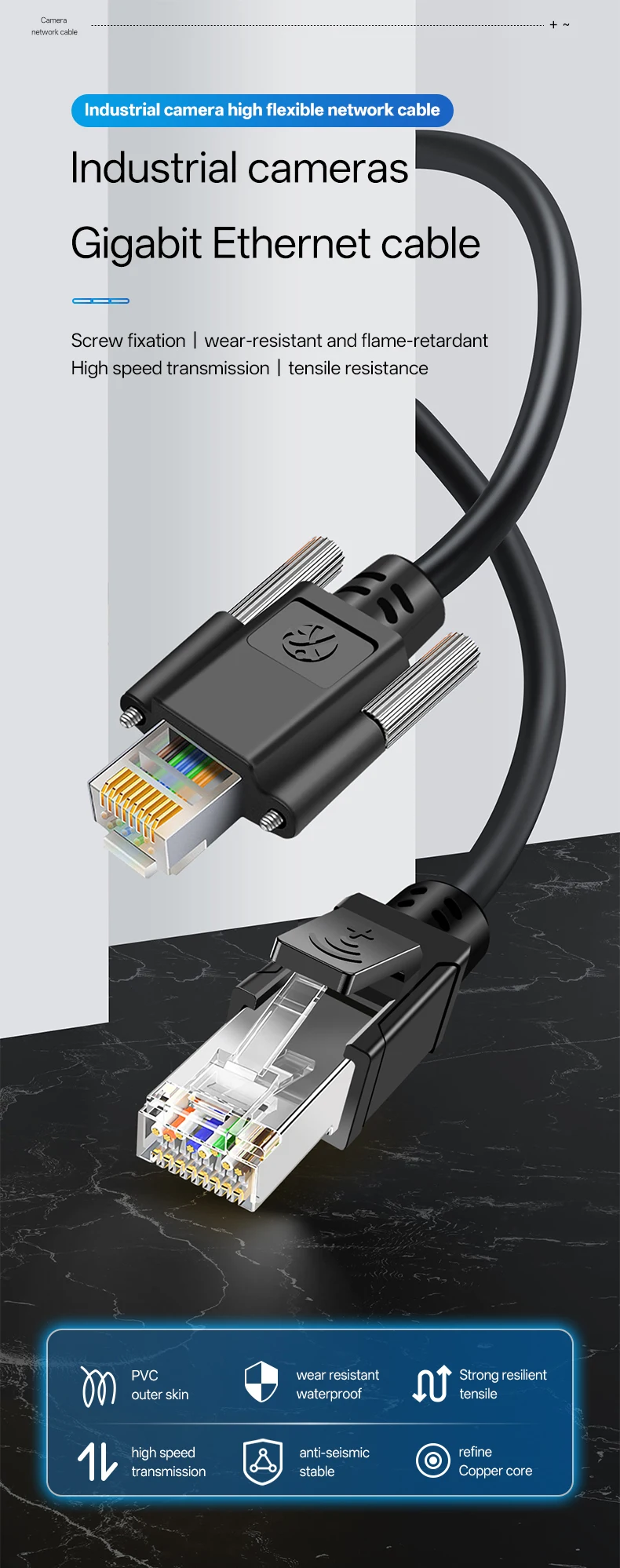 BYXGD Schleppkette Industriekamerakabel RJ45 Schraubverschluss 144-Strang Geflochtene Abschirmung Reines Kupfer Vergoldet Cat6a Hochgeschwindigkeit – Detail 1