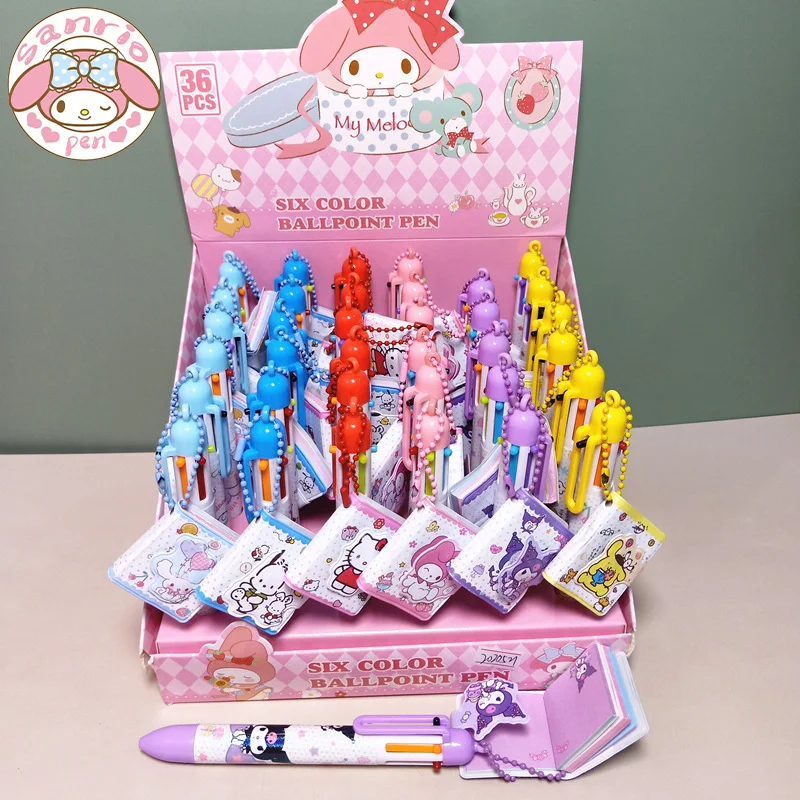 

Sanrio 12/36pcs Ballpoint Pen 6-color Marker Kuromi Melody Cinnamoroll Creative Mini Notebook Pendant Pens Kid Stationery Gifts