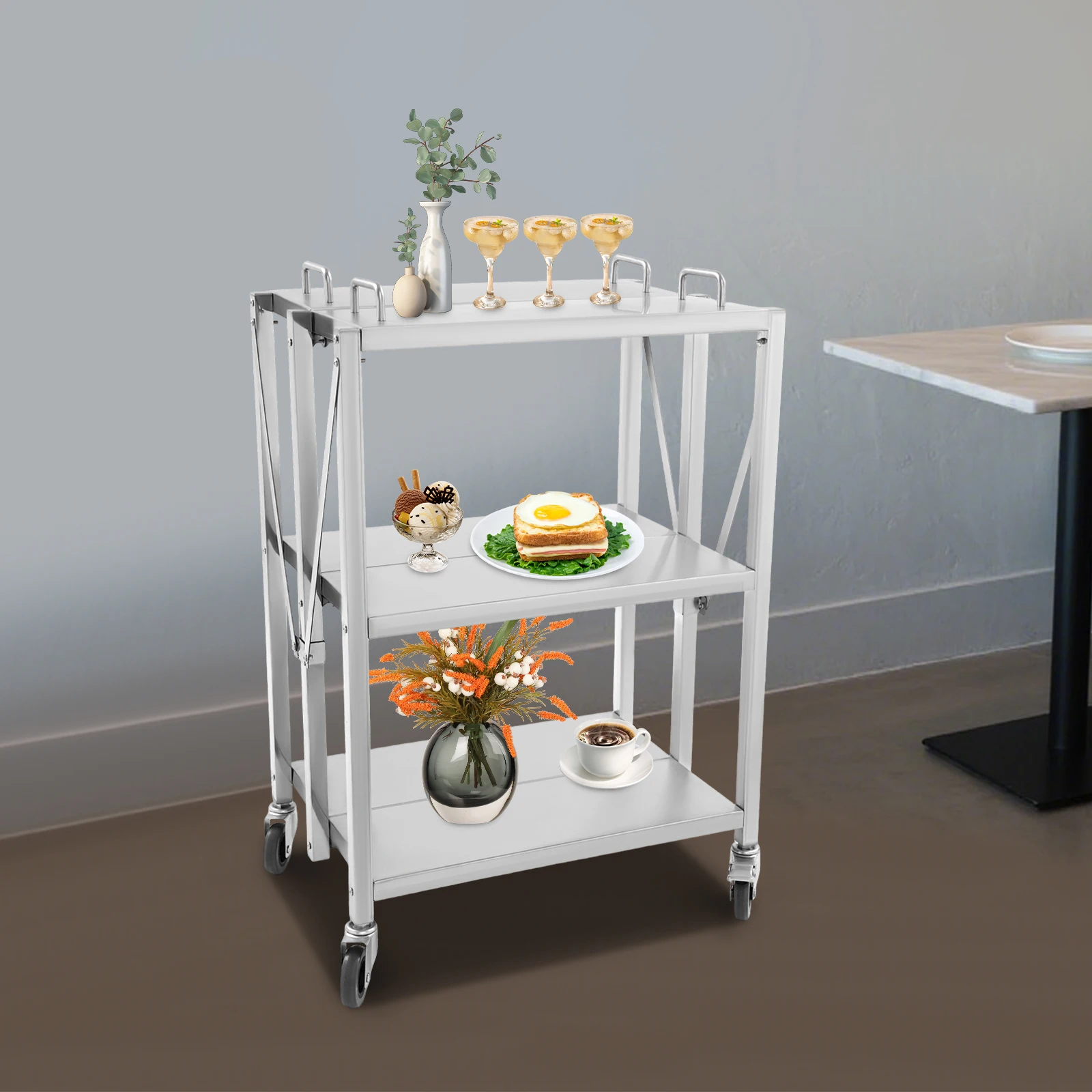 3-stufiger, faltbarer Küchenwagen aus Edelstahl mit Rädern und Bremsen, robuster Aufbewahrungswagen für Zuhause, Restaurant, Café – Detail 3