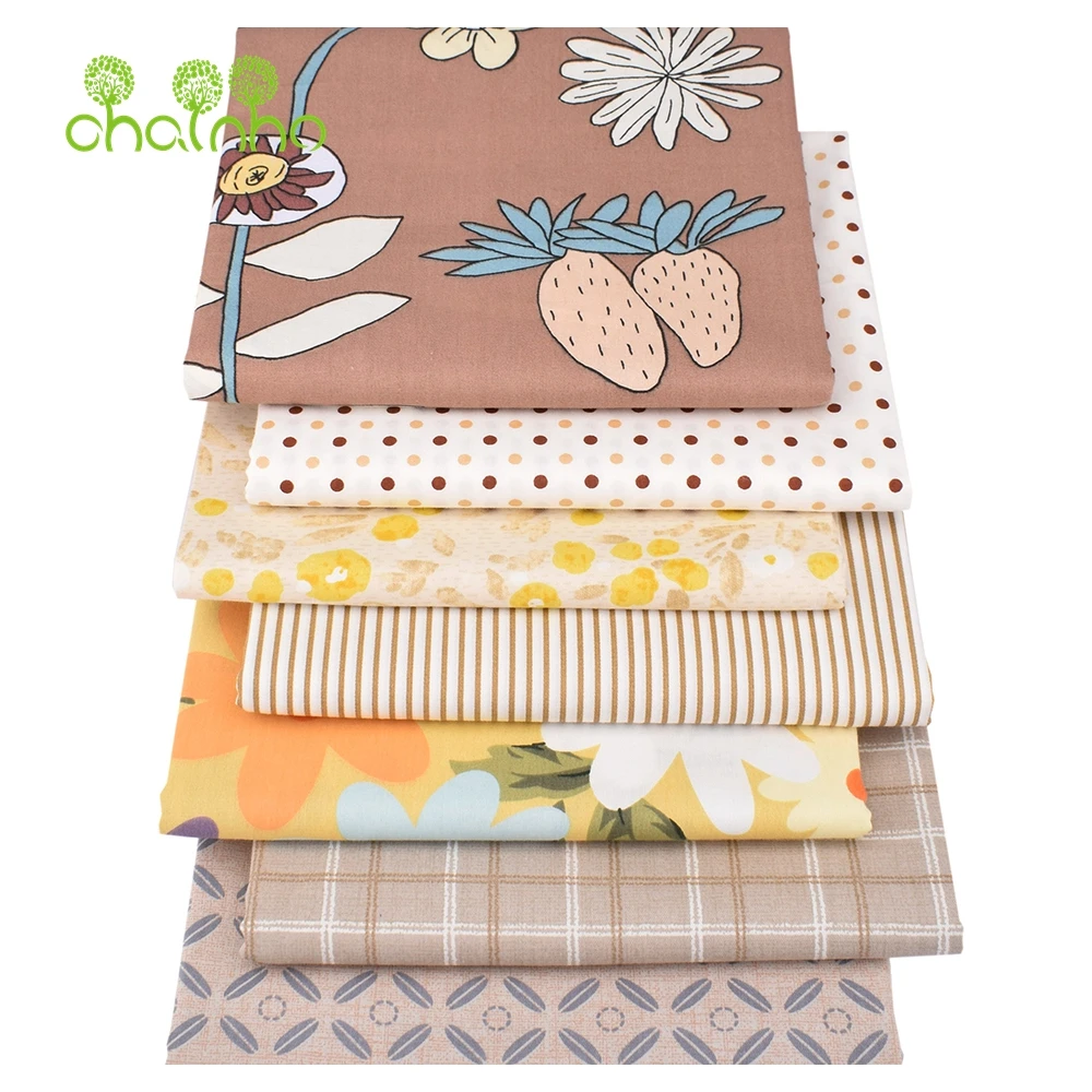 Chainho,Printed Twill Weave Cotton Fabric,DIY Sewing Quilting Material,Patchwork Cloth,Brown Floral Series,2 Sizes,15C255