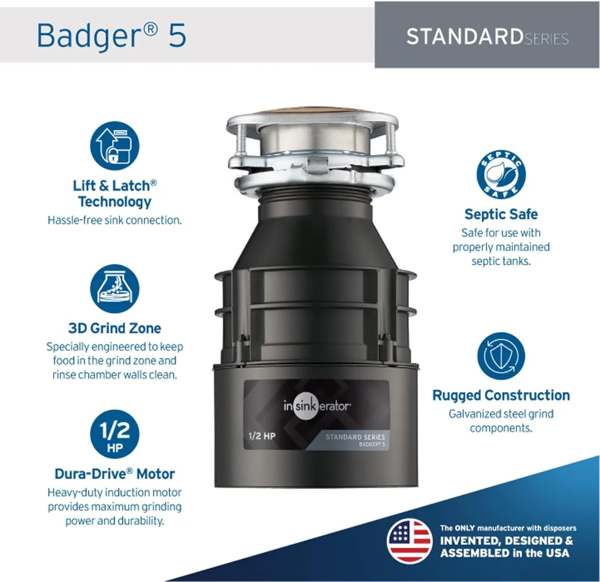 5 Garbage Disposal, Standard Series 1/2 HP Continuous Feed Food Waste Disposer, Black, Set of 1 | USA | NEW 2