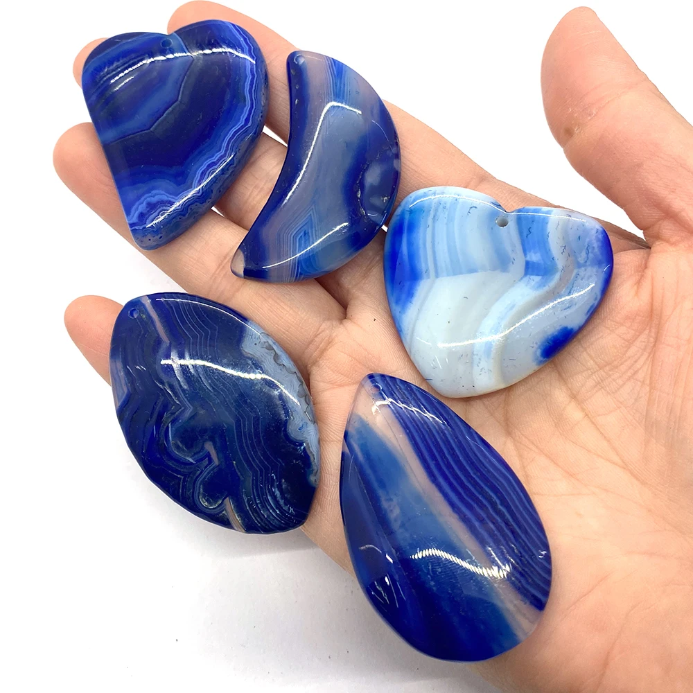 5pcs Blue Striped Agate Pendants Set Natural Stone Reiki Healing Stone for Jewelry DIY Making Necklace Charms Accessories Onyx