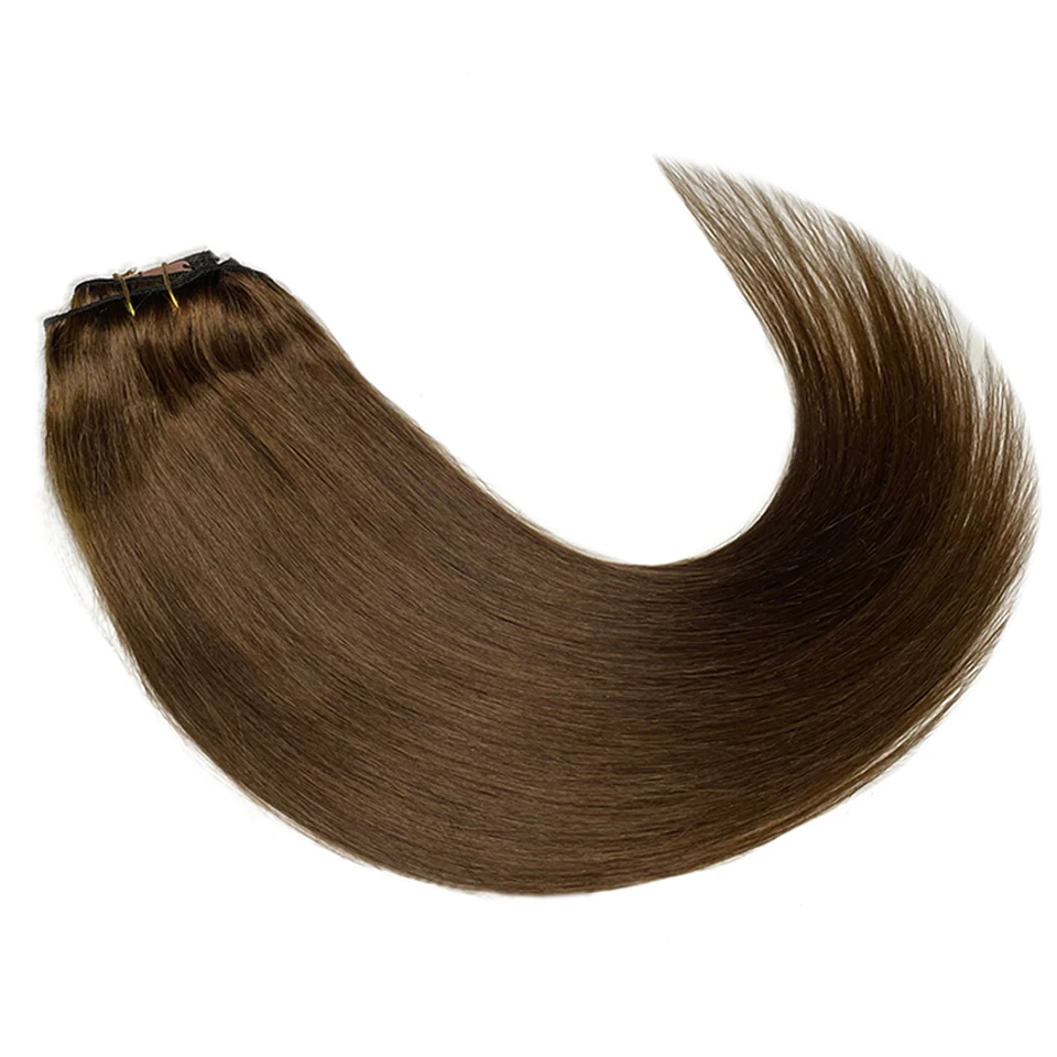 Hair Extensions Brazilian Remy Straight Clip In Human Natural Color #4 Full Head 120G For Black Women
