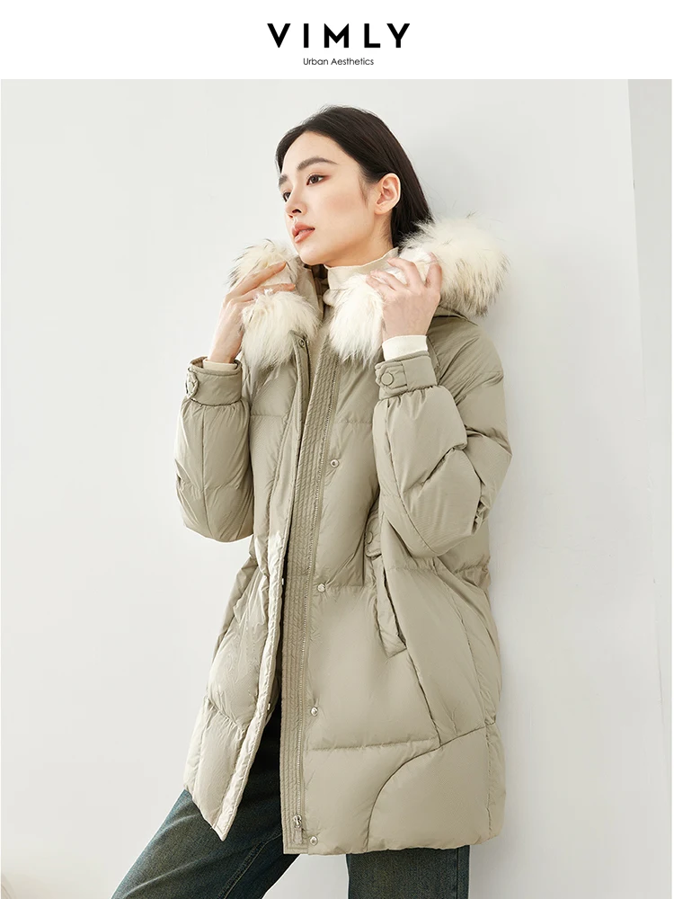 Vimly Winter Fur Collar Hooded Puffer Down Jacket for Women 2023 Warmth Zip-up White Duck Down Long Coats Female Outerwear 50336
