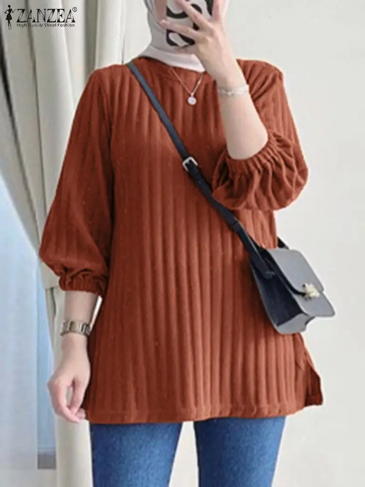 

ZANZEA Fashion Solid Muslim Blouse Casual Ribbed Tops Summer Vintage Islamic Clothing Women3/4 Sleeve Loose Party Shirt 2024