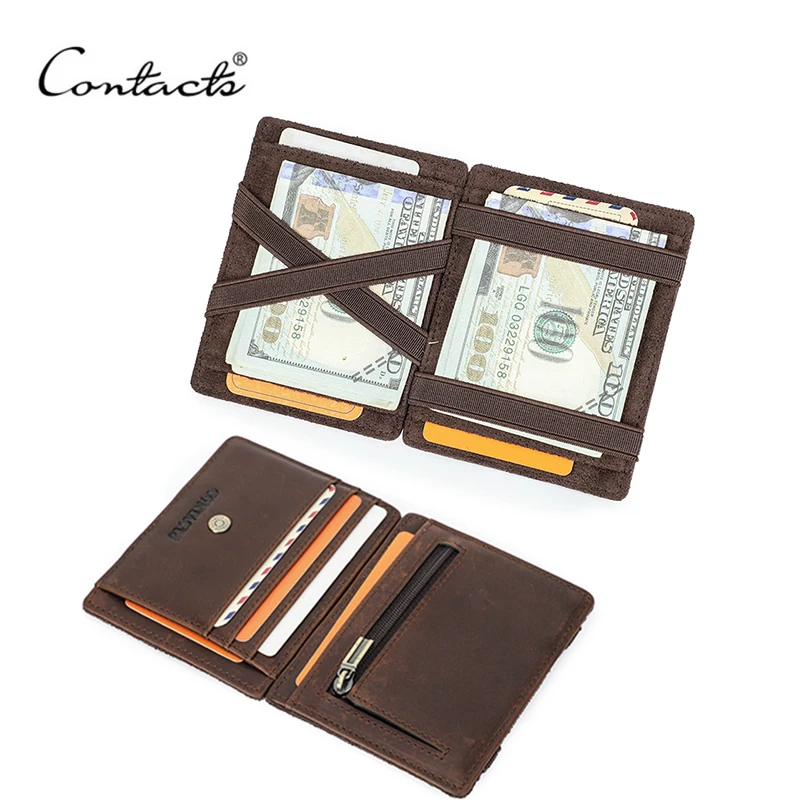 CONTACT'S Genuine Leather Card Holder Magic Wallet Slim Bifold RFID Male Small Wallets Zipper Coin Pocket Mini Purse Money Clip