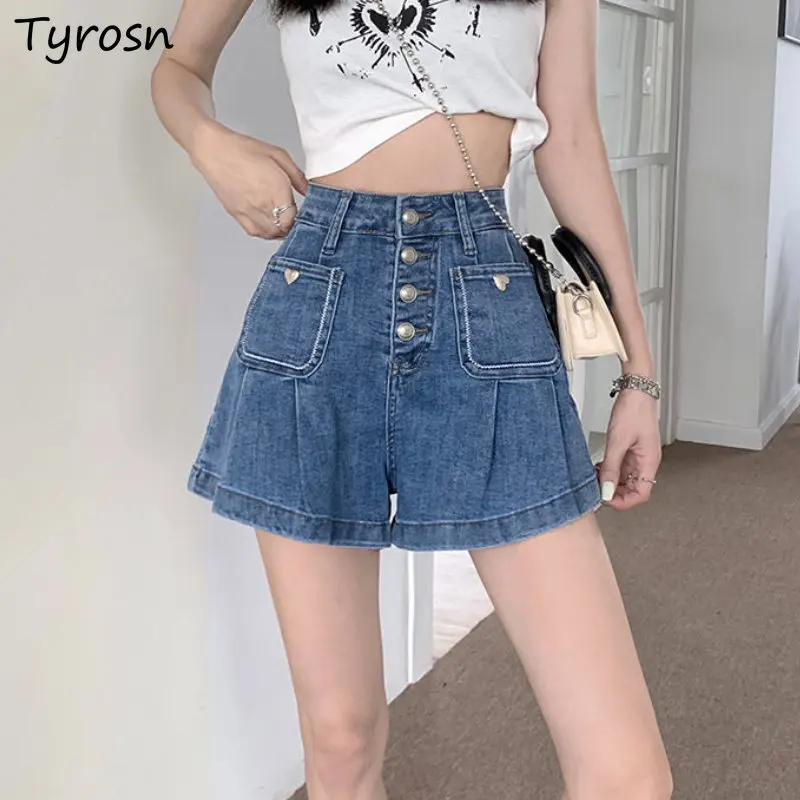 

Shorts Women Loose All-match Sweet Retro Design Minimalist Pure Korean Style Summer Denim Ladies Fashion Folds Creativity Daily
