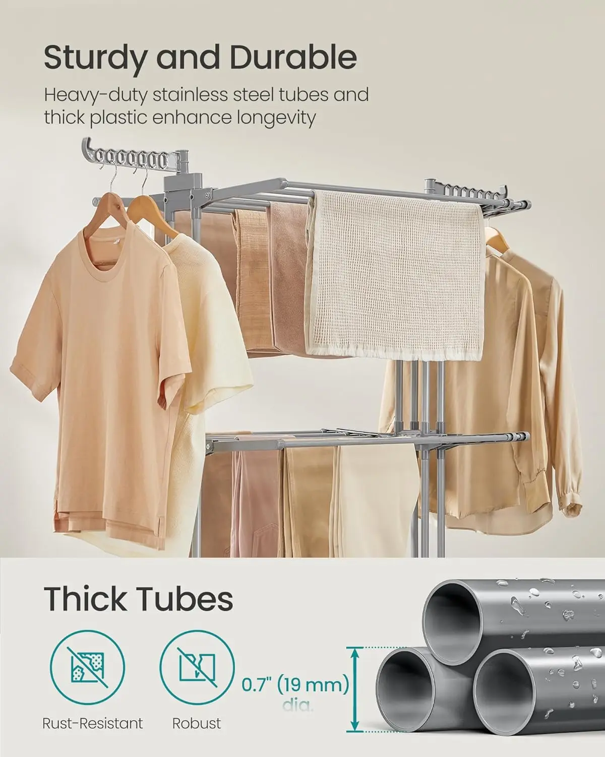 Clothes Drying Rack 4-Tier, Foldable Laundry Drying Rack 69.9-Inch Tall, Extendable Rods, Stainless Steel,Rolling Clothes Horses