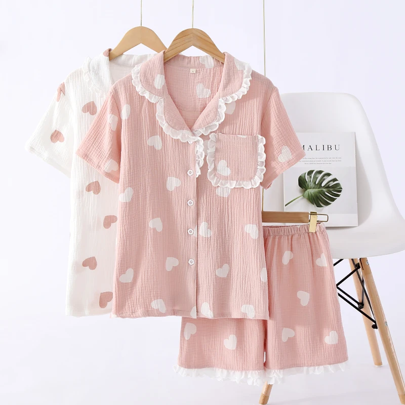 

2 Piece Summer Lace Short-Sleeved Pajamas For Women Love Homewear Set Cotton Crepe Simple Fresh Female Pijama Suit Pyjama Mujer