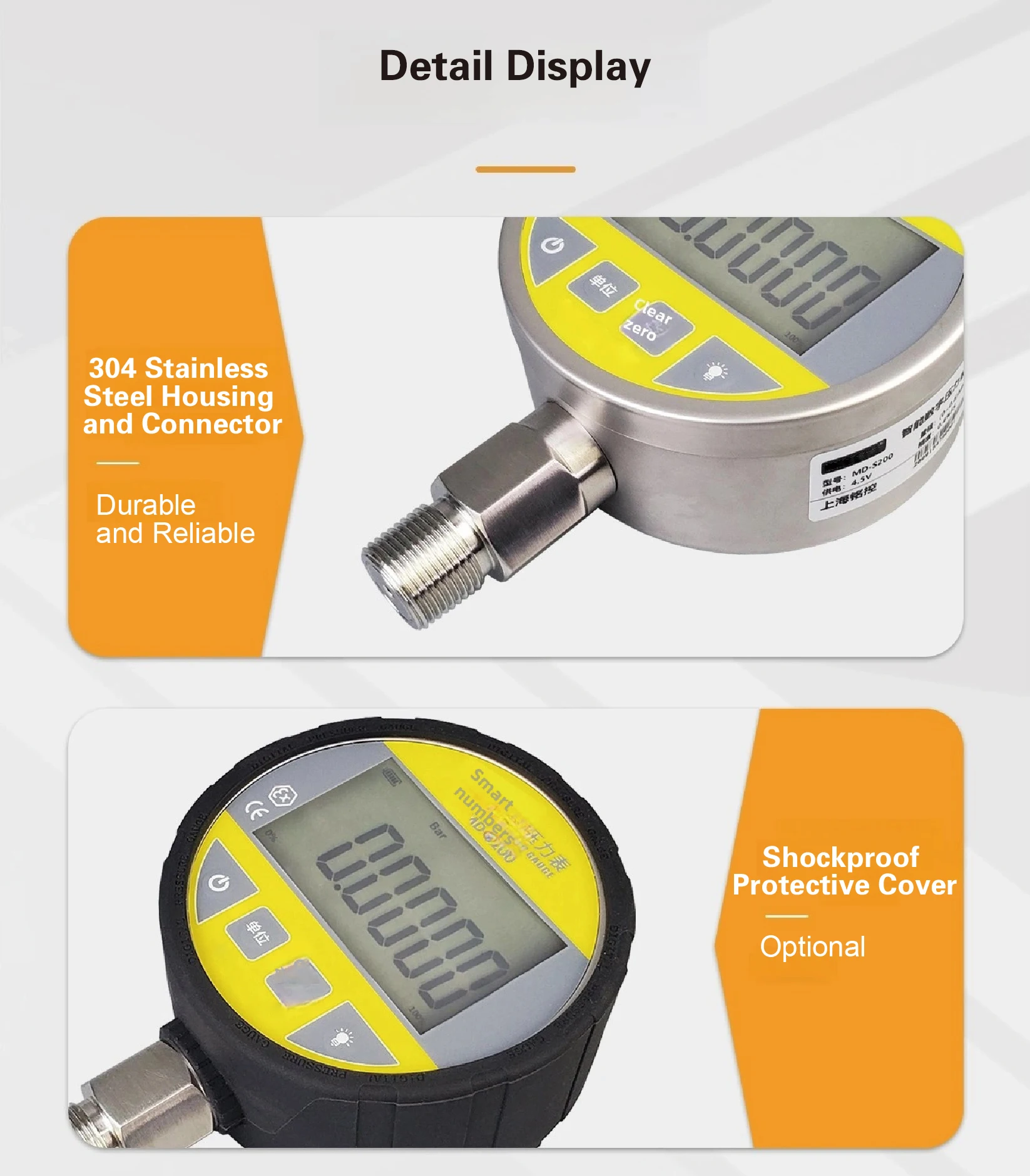 MD-S200 Digital Pressure Gauge Smart High Accuracy 304 Stainless Steel G1/4 NPT1